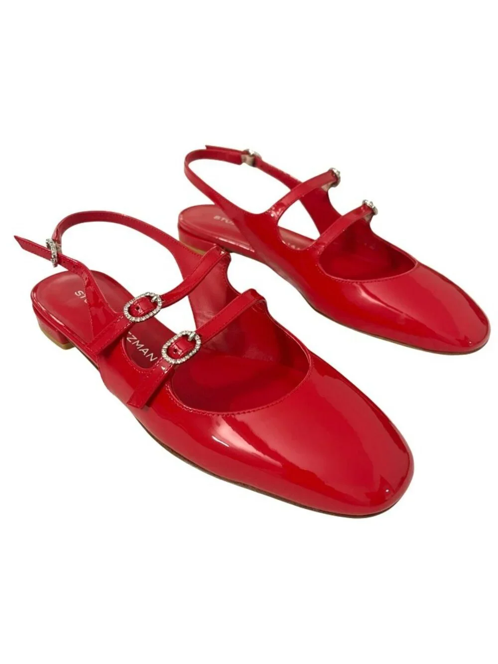 Stuart Weitzman $475 Claris Red Patent Leather Rhinestone Slingback 7.5 NEW